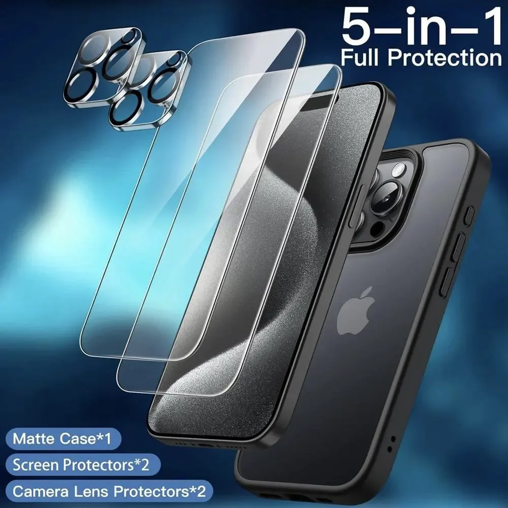 5 in 1 Matte Case for iPhone 15 Pro Max with Screen Protector and Lens Protector